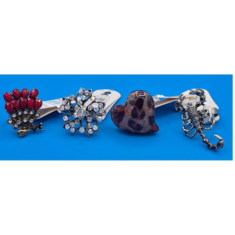 CM Statement Rings Lot 4pc Red Peacock Flower Leopard Heart Scorpion Multi-Color